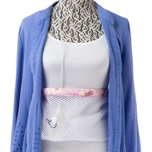 Charger l&#39;image dans la galerie, White Mesh Post Surgical Drain Garment with soft cotton Pastel Splash trim fits to 3x- Holds 4 to 6 JP Drains or 2 Blake Drains.
